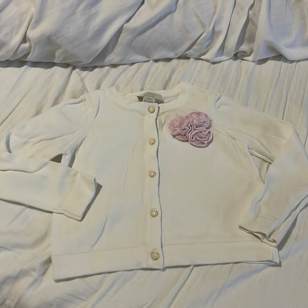 Kate Spade 4 white cardigan pink flower white/gold buttons euc worn once